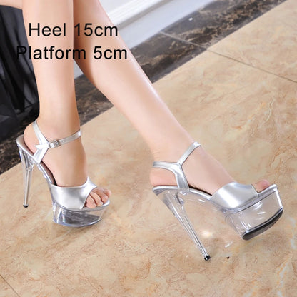 Stripper Heels Women Sandal Female Model T Station Catwalk Sexy Crystal Transparent Shoes High Heels Waterproof Head Sandals