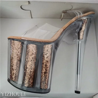 20 cm sexy transparent platform sequined decoration, 8 inch stiletto banquet nightclub shoes/pole dancing model sandals