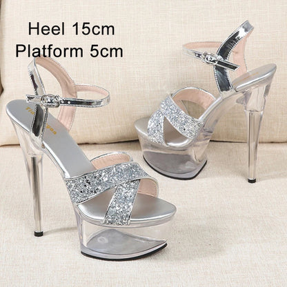 Stripper Heels Women Sandal Female Model T Station Catwalk Sexy Crystal Transparent Shoes High Heels Waterproof Head Sandals