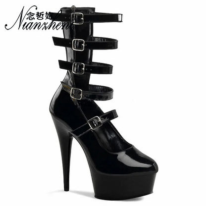 Sexy Exotic shoes Stripper 6inch High Heels Ankle Boots 15cmSuper Thin Heels Platform Pole Dance buckle Queen Motorcycle Clubbin