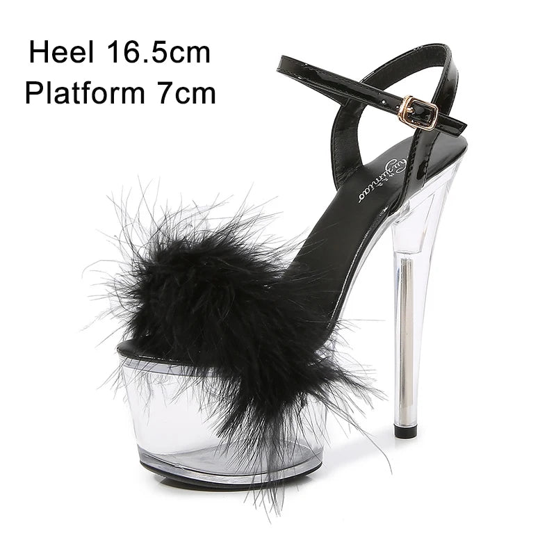 Shuzumiao 2021 Summer New Women Shoes Fur Transparent Platforms Sandals High Heels16.5CM Thin Heels Female Party Pole Dance Shoe