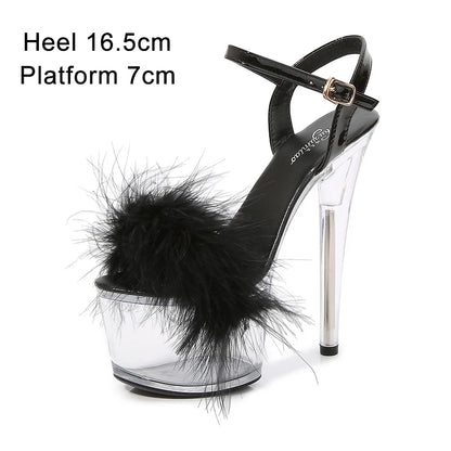 Shuzumiao 2021 Summer New Women Shoes Fur Transparent Platforms Sandals High Heels16.5CM Thin Heels Female Party Pole Dance Shoe