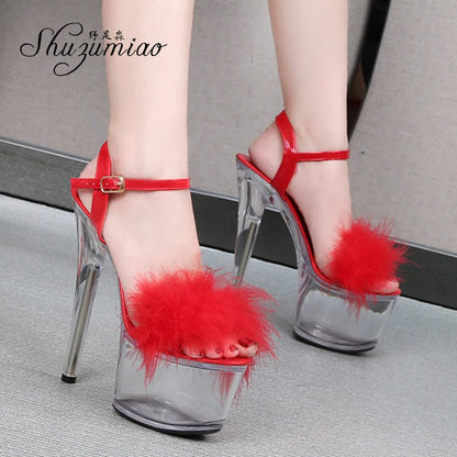 Shuzumiao 2021 Summer New Women Shoes Fur Transparent Platforms Sandals High Heels16.5CM Thin Heels Female Party Pole Dance Shoe