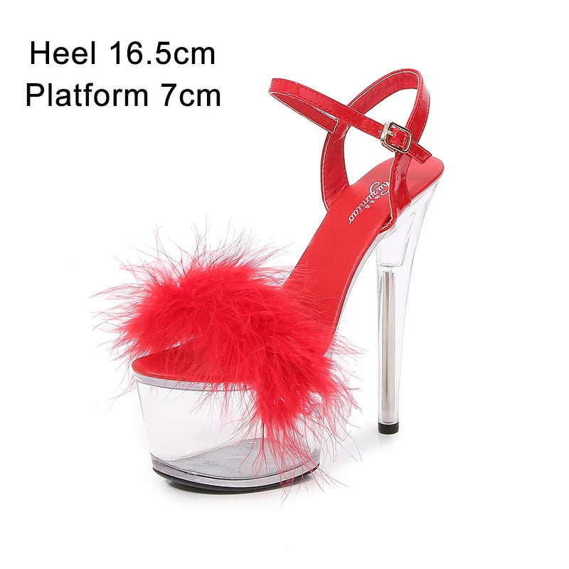 Shuzumiao 2021 Summer New Women Shoes Fur Transparent Platforms Sandals High Heels16.5CM Thin Heels Female Party Pole Dance Shoe