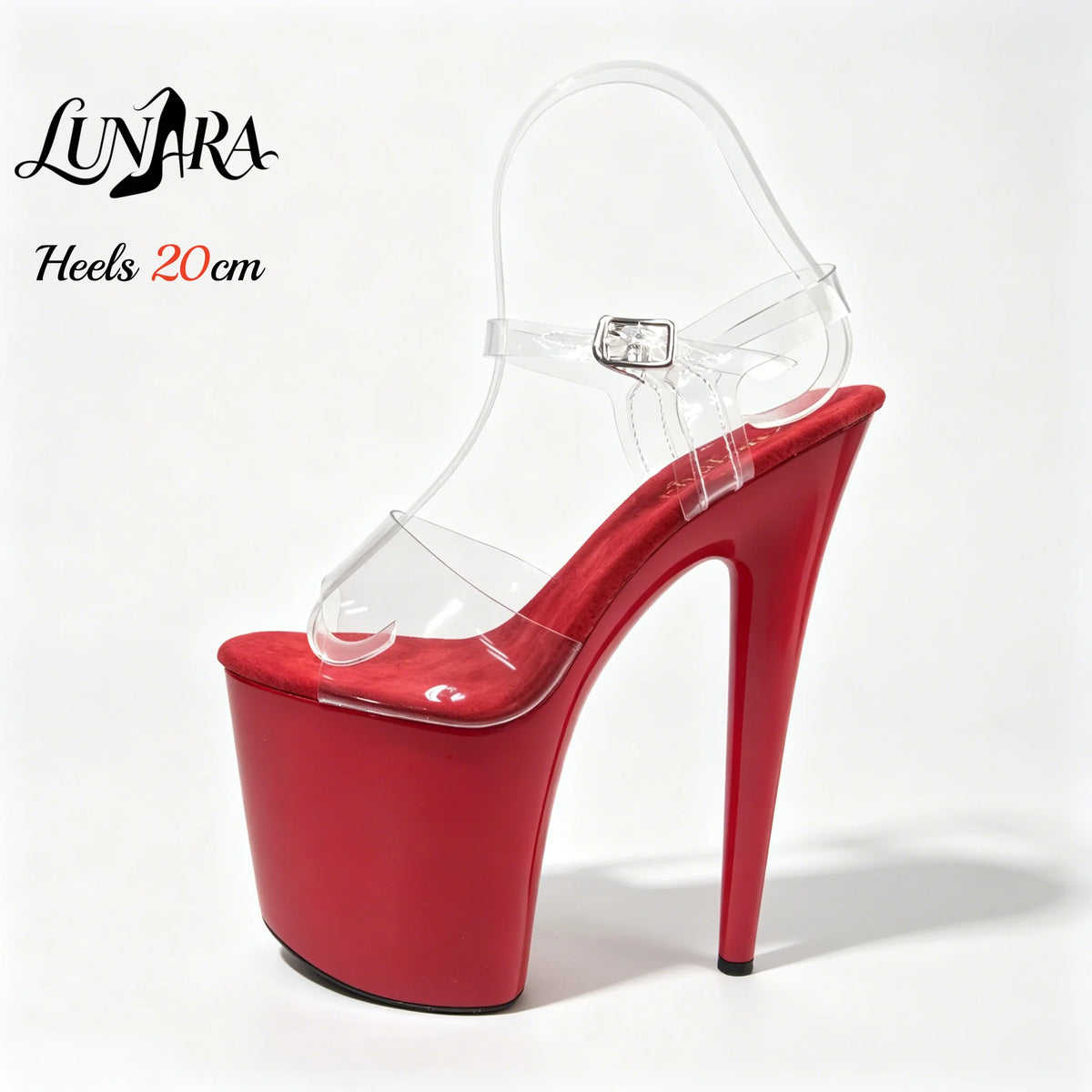 Womens 20cm/8Inch Red Clear Ankle Strap Buckle Open Toe Platform Stilettos Sandals Exotic Stripper shoes Nightclubs Rave Parties