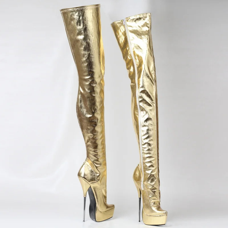 Women Thigh High Boots,Sexy 21cm Stiletto Metal Heel,Platform Long Botas,Unisex Pole Dancing Shoes,Side Zip,Gold,Custom Colors