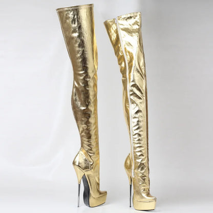 Women Thigh High Boots,Sexy 21cm Stiletto Metal Heel,Platform Long Botas,Unisex Pole Dancing Shoes,Side Zip,Gold,Custom Colors