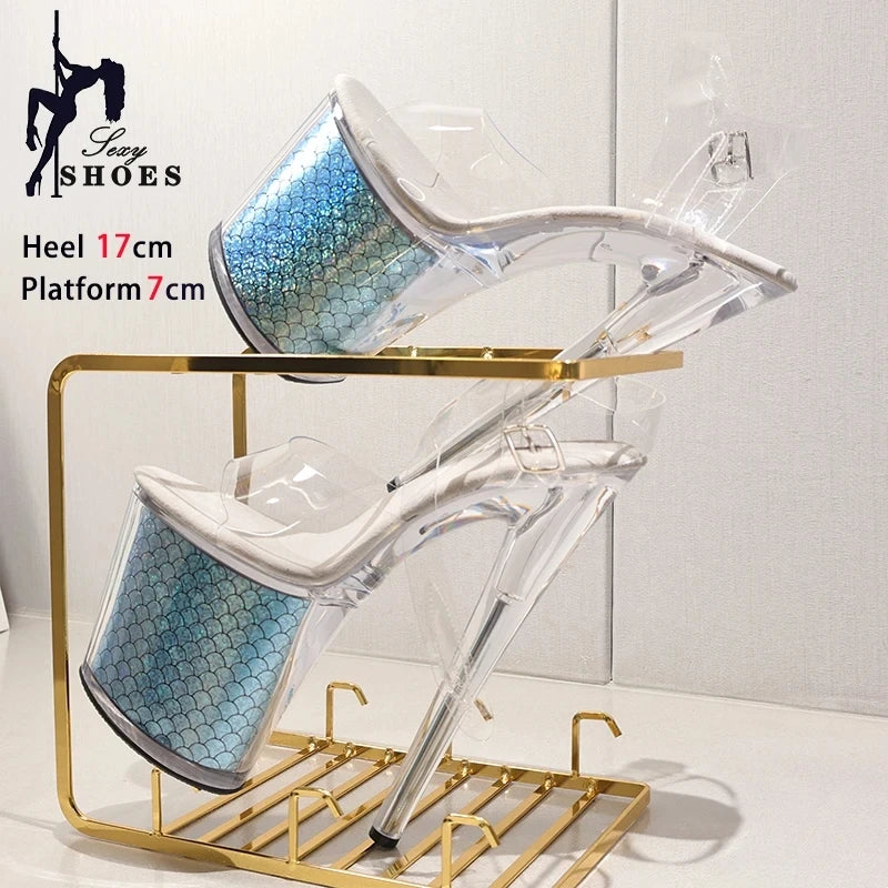 High-quality 17CM/7inches Women Sandals Stripper High Heel Shoes Transparent Platform Glitter Stiletto Pole Dance Shoes Wedding - Grande Heels