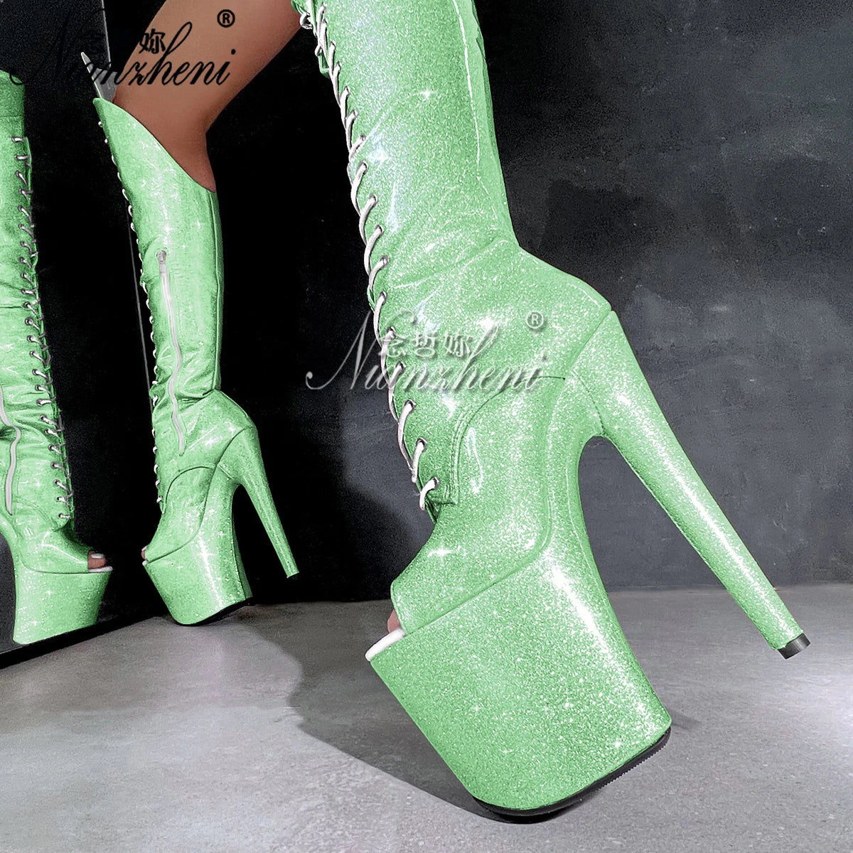 Glitter Purple 8inch High Heels Sexy 20cm Stiletto Over The Knee Bootsg Combat Platform Pole Dance Shoes Exotic Stripper Women