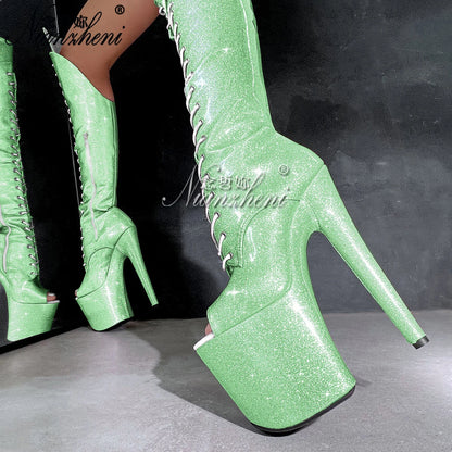 Glitter Purple 8inch High Heels Sexy 20cm Stiletto Over The Knee Bootsg Combat Platform Pole Dance Shoes Exotic Stripper Women