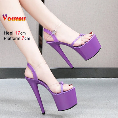 15cm 17cm Women's Sexy Black Platform Sandals Ultra-High-Heel Transparent Catwalk Artifact Model Fine Summer Shoes Pole Dancing