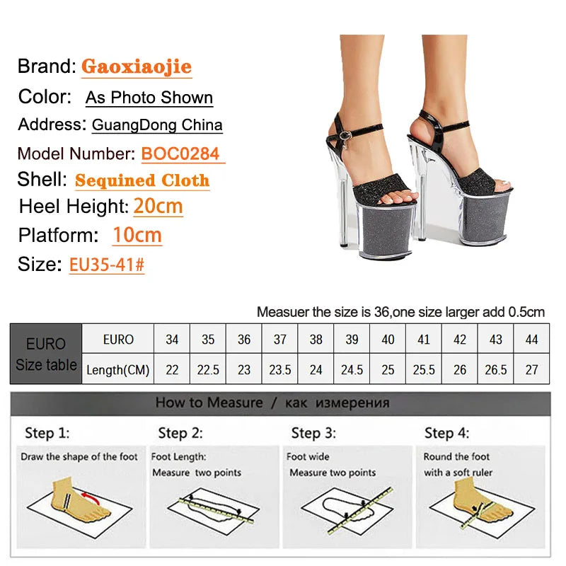 Luxury Golden Sandals Women's Platform High Heels 8 Inch Fashion Sequined Pole Dance Shoes 20CM Crystal Heel Runway Shoes Female