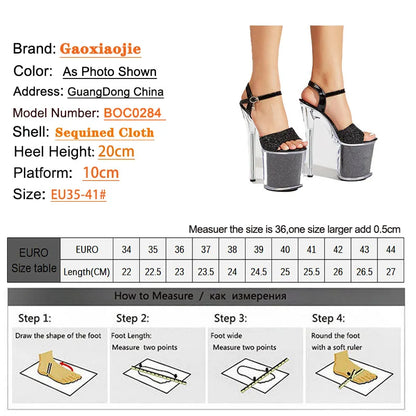 Luxury Golden Sandals Women's Platform High Heels 8 Inch Fashion Sequined Pole Dance Shoes 20CM Crystal Heel Runway Shoes Female