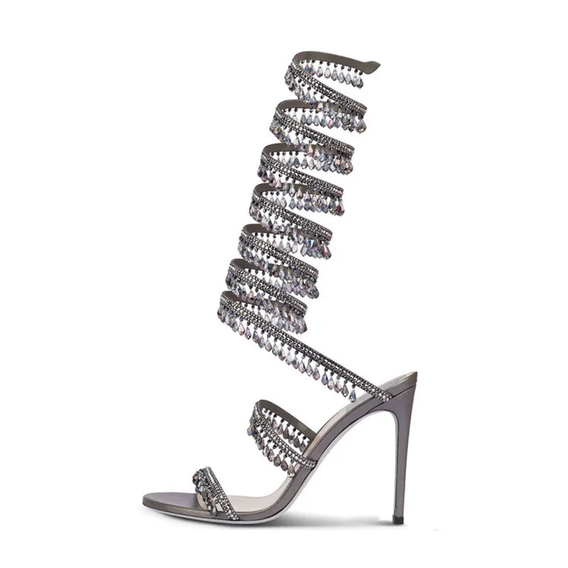 Thin high-heeled sandals summer new snake-shaped wrapped crystal pendant fringed rhinestone shoes banquet large-size women shoes