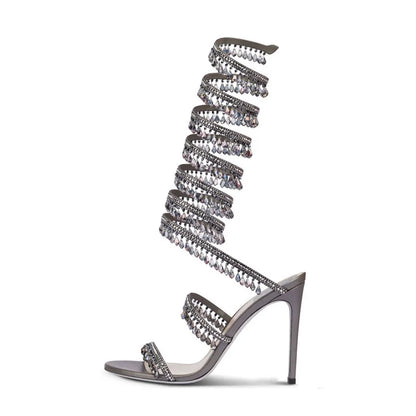 Thin high-heeled sandals summer new snake-shaped wrapped crystal pendant fringed rhinestone shoes banquet large-size women shoes