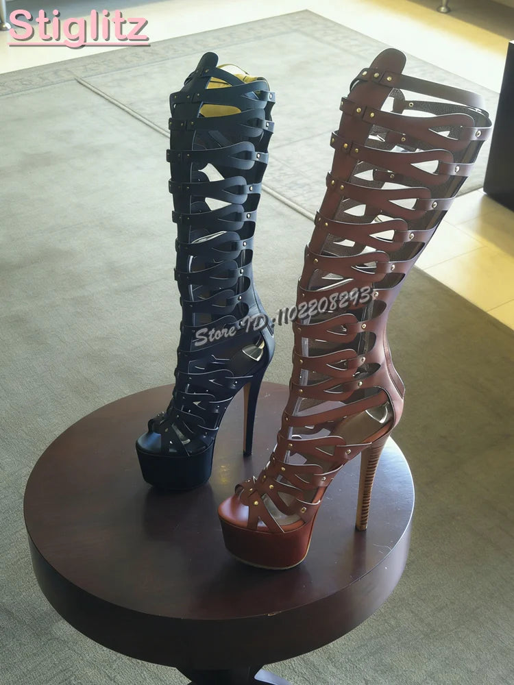 Retro Brown Hollow Knee-high Sandals Open Toe Cross-tied Platform High Heels 2026 Summer Fashion New Roman Party Women Shoes