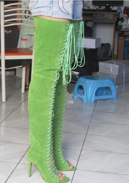 Feminina Suede Peep Toe Cross Lace-up Thigh High Boots Zipper Thin High Heel Over Knee Long Botas Shoes Big Size 46