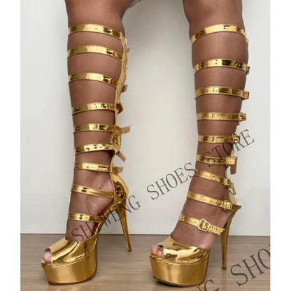 2026 Summer Metallic Gold Thigh High Heels Gladiator Wrap Strap Design Ultra High Stiletto Platform Shiny Party Sandals 44