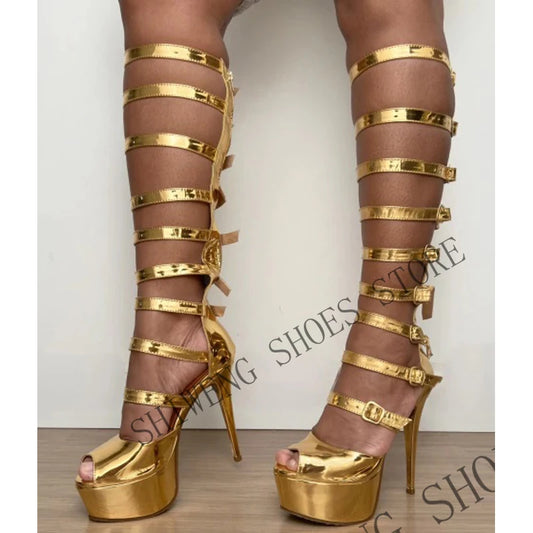 2026 Summer Metallic Gold Thigh High Heels Gladiator Wrap Strap Design Ultra High Stiletto Platform Shiny Party Sandals 44