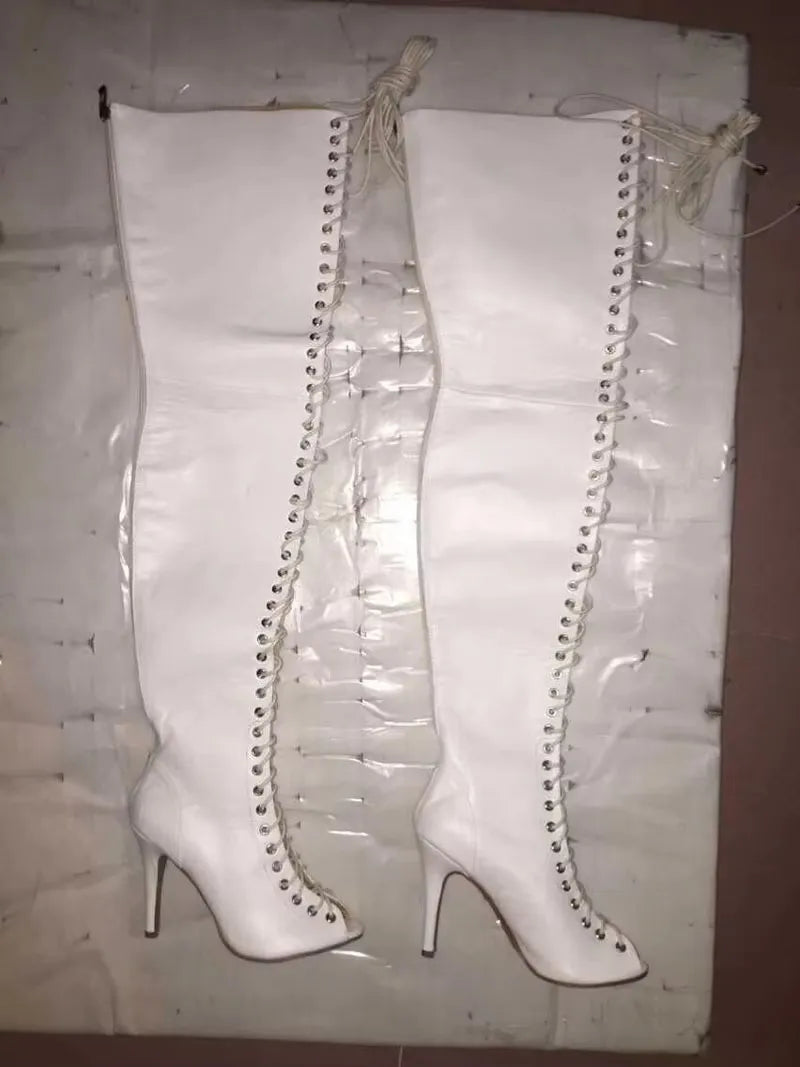 Feminina Suede Peep Toe Cross Lace-up Thigh High Boots Zipper Thin High Heel Over Knee Long Botas Shoes Big Size 46