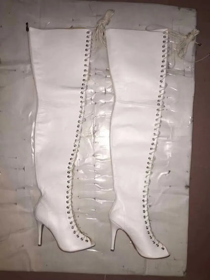 Feminina Suede Peep Toe Cross Lace-up Thigh High Boots Zipper Thin High Heel Over Knee Long Botas Shoes Big Size 46