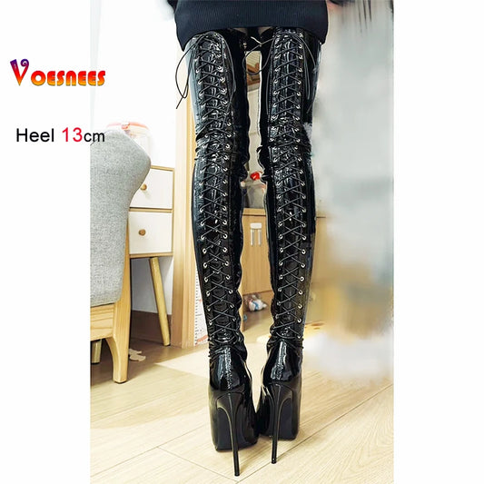 Sexy Dance Shoes 13cm Thin Heels Lady Sexy Black Over Knee Long Boots T Show Pointy Toe Club Thigh High Party Shoes For Women