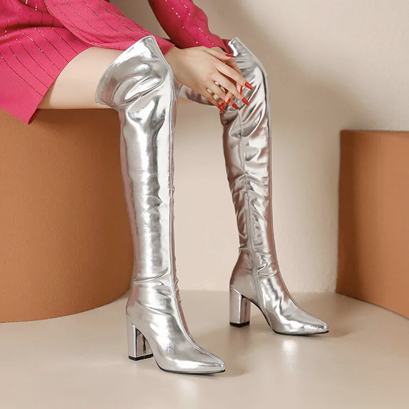 Sexy Over the Knee High Boots Women Party Dance Winter Shoes Ladies Silver Gold Thick High Heel Custom