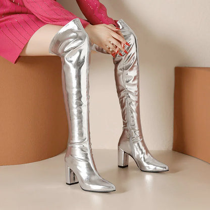 Sexy Over the Knee High Boots Women Party Dance Winter Shoes Ladies Silver Gold Thick High Heel Custom