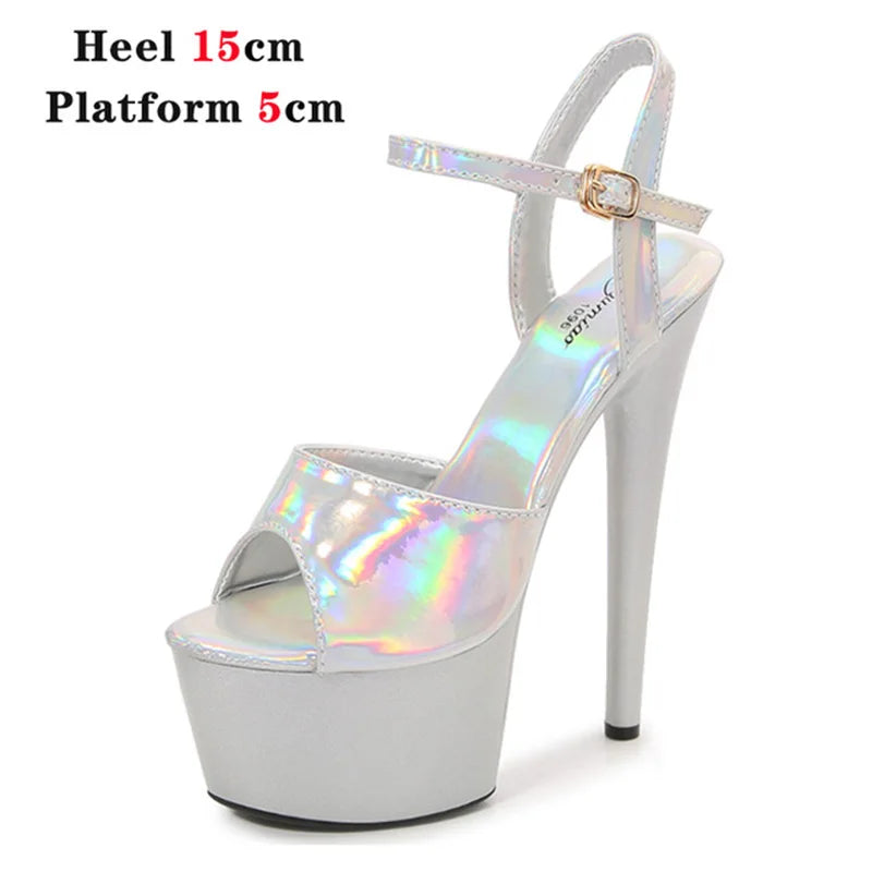 Women Shoes Heel Sexy Super High Pole Dance Party High Heels Sandals Platform Wedding Pumps Peep Toe Stripper Heels Silver