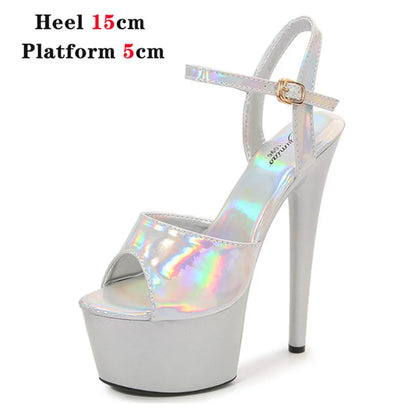 Women Shoes Heel Sexy Super High Pole Dance Party High Heels Sandals Platform Wedding Pumps Peep Toe Stripper Heels Silver