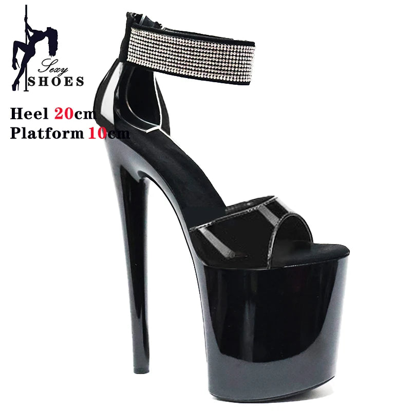 20cm/8inchs High-heeled Sandals Women's Summer Strap Thin Heel Black Sandals Stripper Pole Dance Dress Models Nightclub Shoes