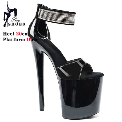 20cm/8inchs High-heeled Sandals Women's Summer Strap Thin Heel Black Sandals Stripper Pole Dance Dress Models Nightclub Shoes