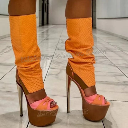 Sandal Boots Knee High Platform Patchwork Leather Round Toe Thin High Heels Fashion Novelty Concise Sexy Pub Girls Shoes Newest