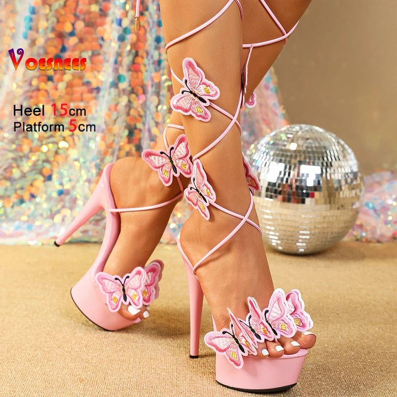 Fashion Platform Sandals 15CM High Heels Butterfly Ankle Strap Shoes For Women 2025 Summer Thin Heel Lace-up Pole Dance Sandals