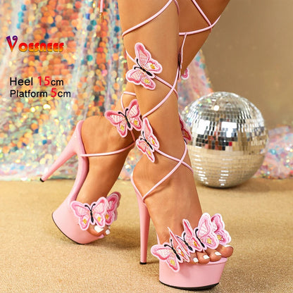 Fashion Platform Sandals 15CM High Heels Butterfly Ankle Strap Shoes For Women 2025 Summer Thin Heel Lace-up Pole Dance Sandals