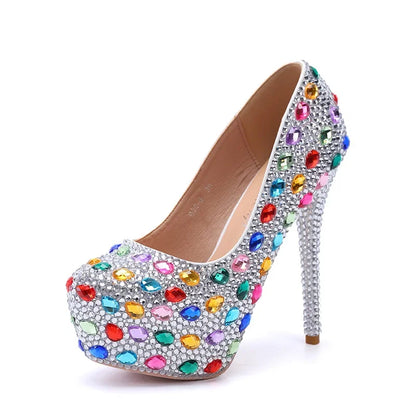 Sexy Fashion Women's Pumps Rhinestone Platform Wedding PU 14CM Thin Heels Round Toe Shallow Party Blue Pole Dancing Woman Shoes