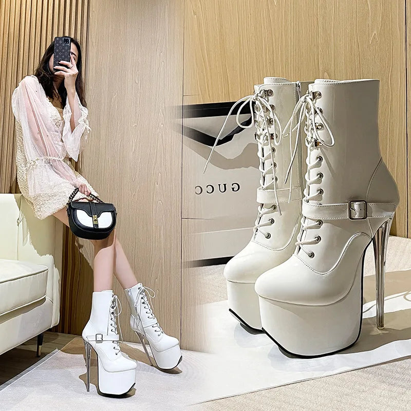 19CM Metal Thin High Heels 7CM Women Platform Short Boots Plus Size Nightclub Queen Shoes Pink Steel Pole Dancing Ankle Boots