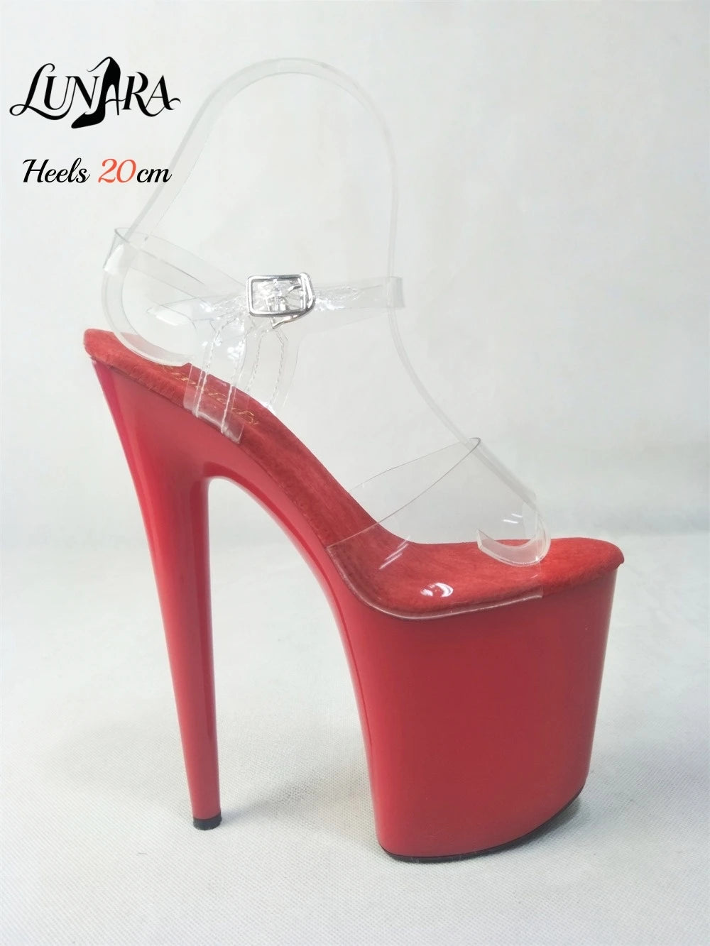 Womens 20cm/8Inch Red Clear Ankle Strap Buckle Open Toe Platform Stilettos Sandals Exotic Stripper shoes Nightclubs Rave Parties