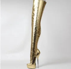 Women Thigh High Boots,Sexy 21cm Stiletto Metal Heel,Platform Long Botas,Unisex Pole Dancing Shoes,Side Zip,Gold,Custom Colors