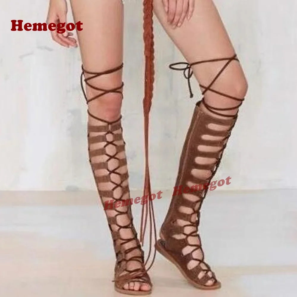 Brown Cut Out Sandals Lace-Up Peep Toe Flat with Women's Sandal Boots Cross Strappy Summer Slingback Shoes Luxury Solid Sexy