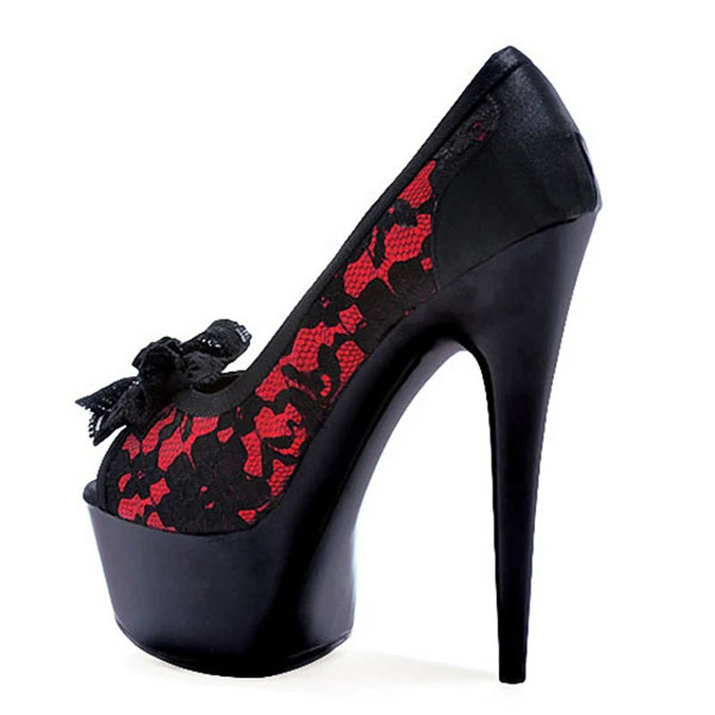 Black Rose Pink Color-Block Lace Platform Peep Toe Stiletto Pumps Woman Summer 2026 Bow Slip-On High Heel Banquet Women's Shoes