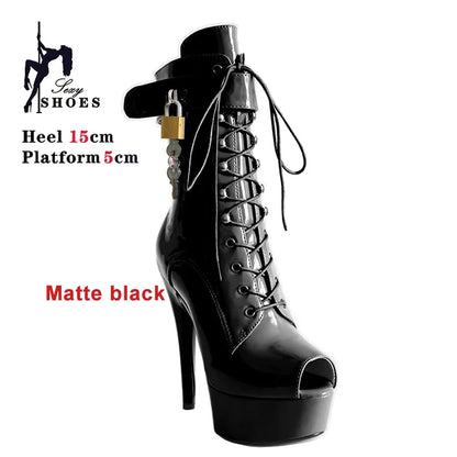 Pole Dance Striper Shoes Sexy 6 inch High Heel Women Ankle Boots Fetish Padlocks Short Boots High heels Party Sexy Black Shoes