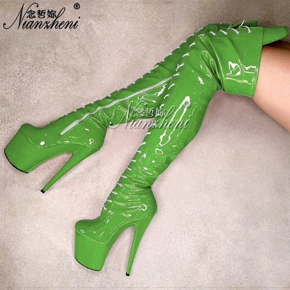 Red Queen Gothic lady Motorcycle 17cm over the Knee Bootsg Platform 8inch High Heels Pole Dance Shoes Exotic Stripper Nightclub