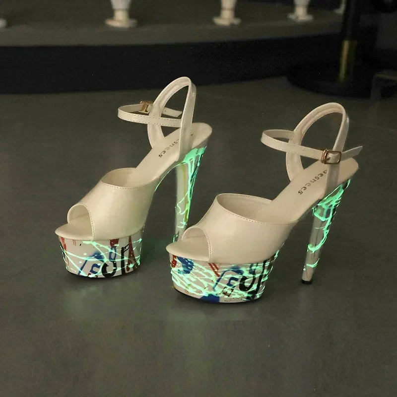 Patent Leather Stiletto High Heels Women Platform Sandals Super High Pumps Fluorescence Punk Sandals Pole Dancing Shoe Women88
