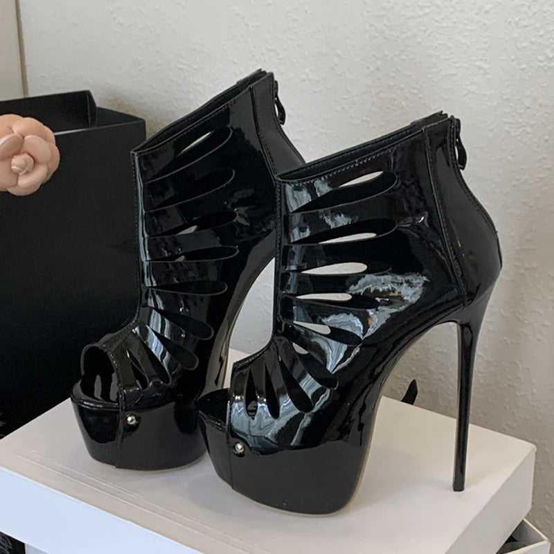 Liyke Black Women Sexy Peep Toe Party Stripper Pole Dance Shoes Fashion Zip Ankle Boots Super High Heels Platform Booties Female