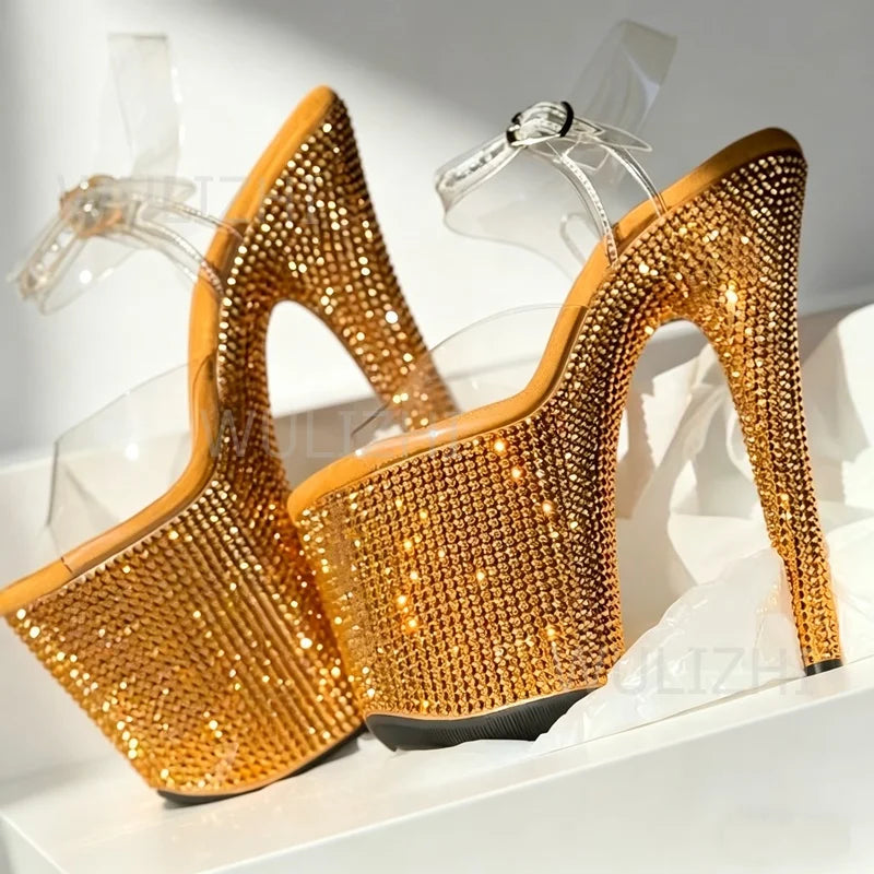 Rose Pink Crystal Diamond Sandals Sparkling Women Blue Jewel Green Yellow Custom Buckle Heels 17cm 7 Inch Open Pole Dancing Shoe