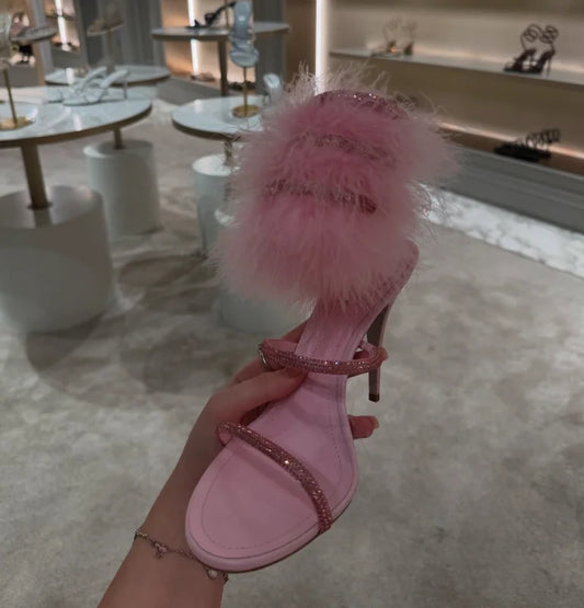 Pink fur ankle warp crystal high heels sandals black summer new in glitter snake luxury designer women's party wedding shoes