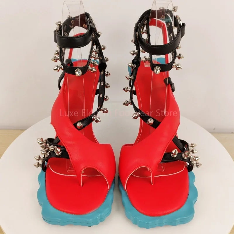 Patchwork Rivets Flower Sole Stiletto Sandals Women Open Toe Buckle Strap High Heels Fashion Trendy Party Catwalk Ladies Shoes