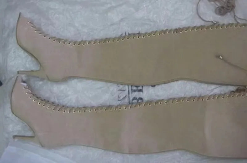 Feminina Suede Peep Toe Cross Lace-up Thigh High Boots Zipper Thin High Heel Over Knee Long Botas Shoes Big Size 46