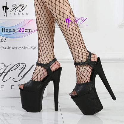 New Popular 20cm 8" Heels Pole Dance Platform Shoes Black Velvet Denim Snake Sexy Dancing Shoes Catwalk Model High Heels Sandals